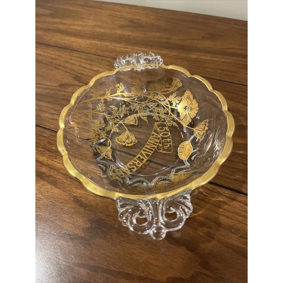 50th Anniversary Ashtray Dish 22k Gold Overlay Clear by Crystal Glass Vintage - Picture 5 of 5